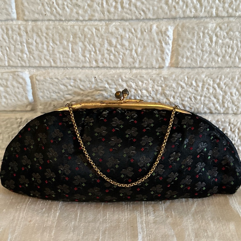UNIQUE VINTAGE  Black SILK PURSE EMBROIDERED RED GREEN SHAMROCKS DIAMONDS
